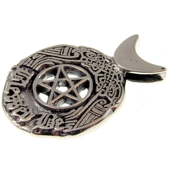 Solid 925 Sterling Silver Blessed Be the Star Crescent Moon Pentacle Pendant - Picture 4 of 5